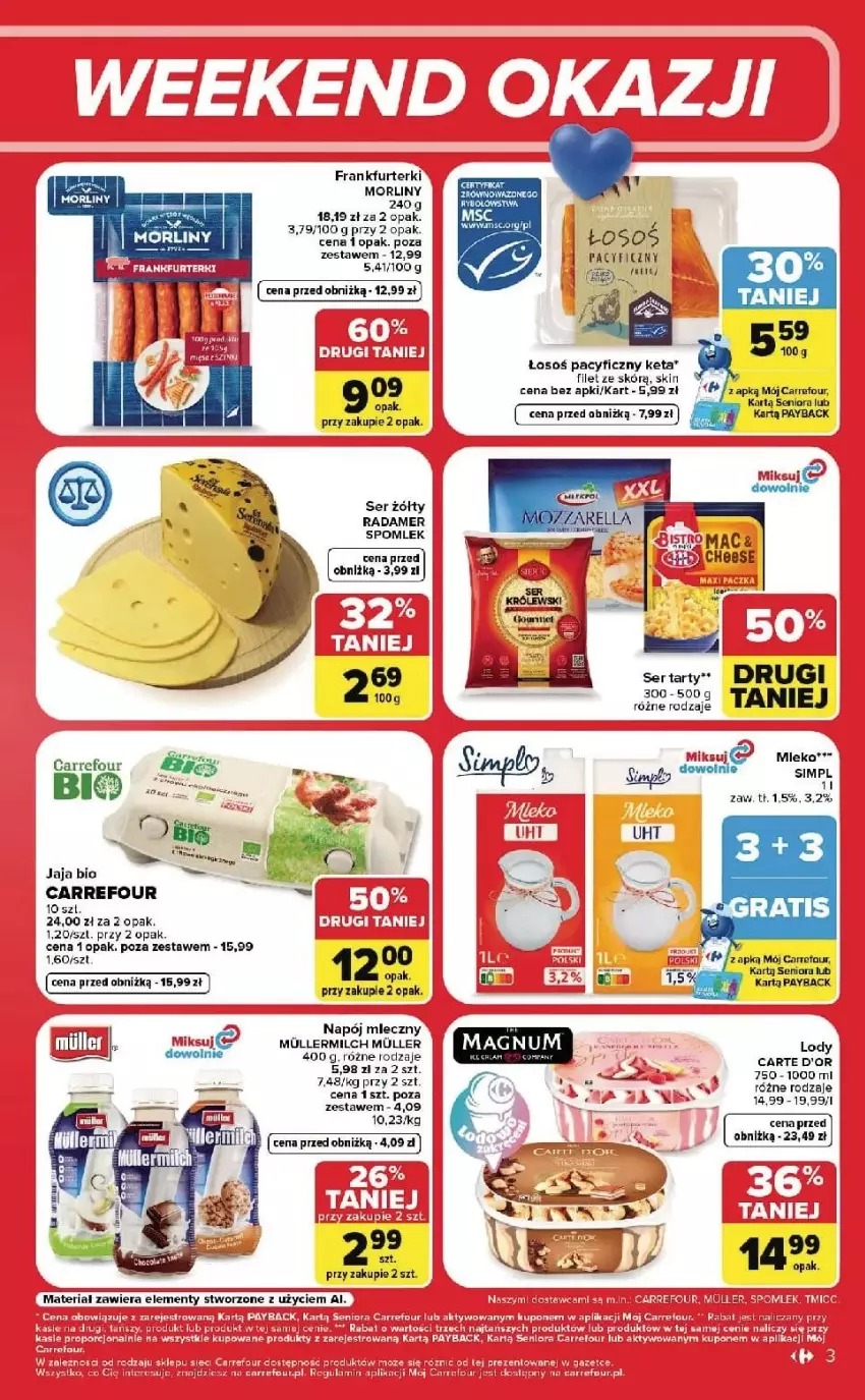 Gazetka promocyjna Carrefour - Gazetka Carrefour, Market w SUMIE od czwartku WEEKND OKAZJI - ważna 24.09 do 26.09.2026 - strona 3 - produkty: Carte d'Or, Fa, Frankfurterki, Koc, LG, Lody, Morliny, Napój, Napój mleczny, Por, Radamer, Ryba, Ser