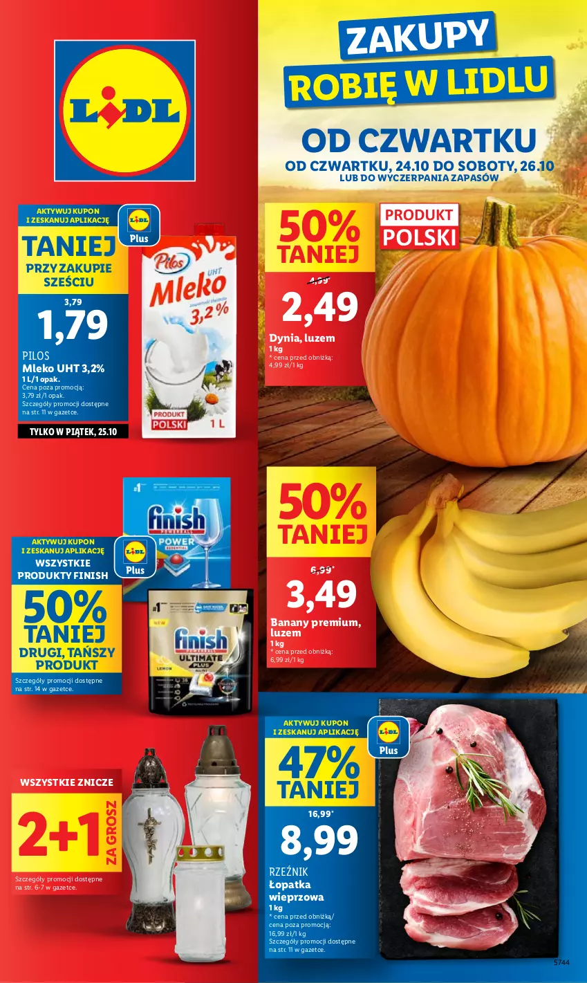 Gazetka promocyjna Lidl - GAZETKA - ważna 24.10 do 26.10.2024 - strona 1 - produkty: Banany, Finish, Mleko, Pilos, Znicz