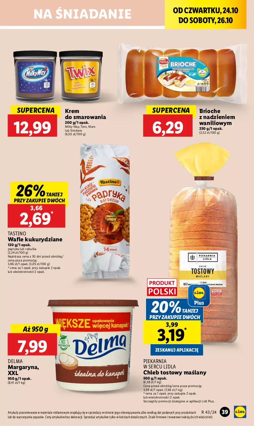 Gazetka promocyjna Lidl - GAZETKA - ważna 24.10 do 26.10.2024 - strona 45 - produkty: Chleb, Chleb tostowy, Delma, Margaryna, Mars, Milky Way, Papryka, Ser, Snickers, Twix, Wafle