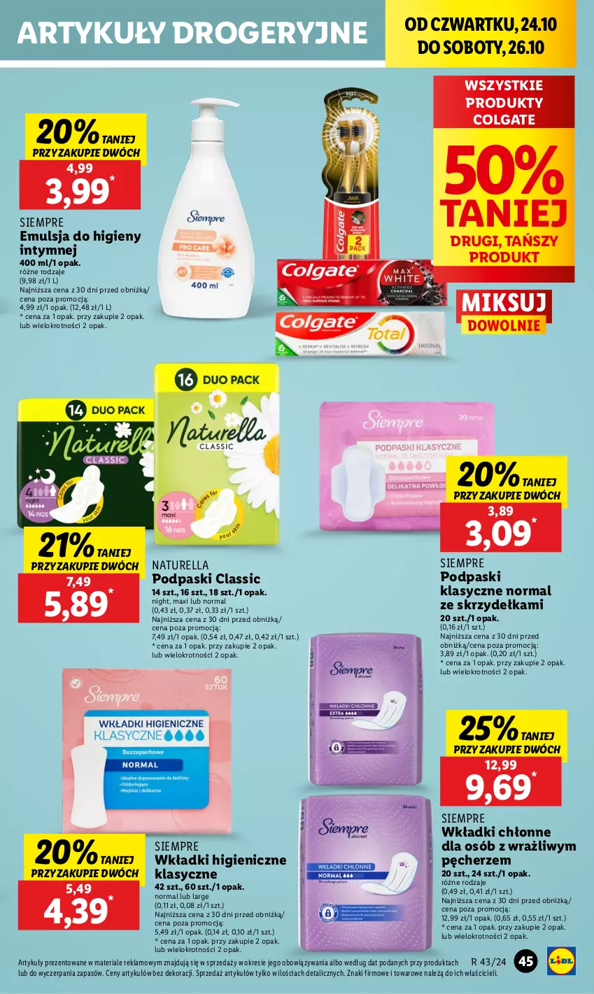 Gazetka promocyjna Lidl - GAZETKA - ważna 24.10 do 26.10.2024 - strona 53 - produkty: Colgate, Emulsja, LG, Naturell, Naturella, Podpaski, Wkładki