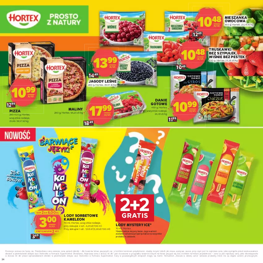 Gazetka promocyjna Stokrotka - Dzień matki i dziecka - ważna 22.05 do 04.06.2025 - strona 24 - produkty: Danie gotowe, Eleo, Gra, Hortex, Jagody, Leon, Lody, Maliny, Mięso, Owoce, Pizza, Por, Stek, Truskawki, Warzywa