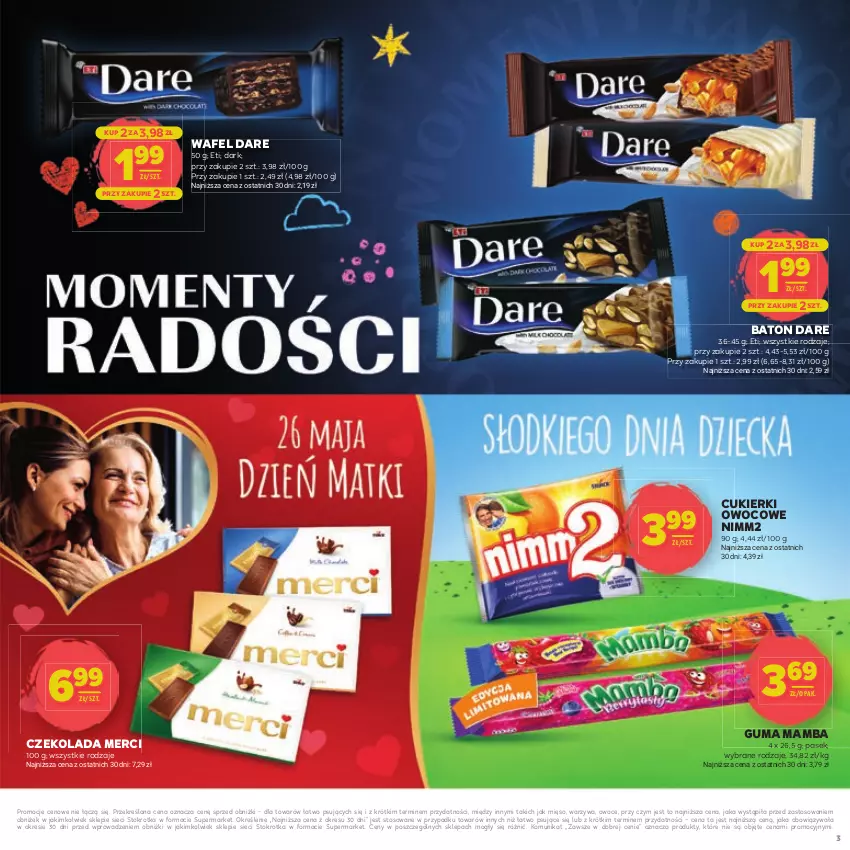 Gazetka promocyjna Stokrotka - Dzień matki i dziecka - ważna 22.05 do 04.06.2025 - strona 3 - produkty: Baton, Cukier, Cukierki, Czekolada, Mamba, Merci, Mięso, Nimm2, Owoce, Pasek, Warzywa
