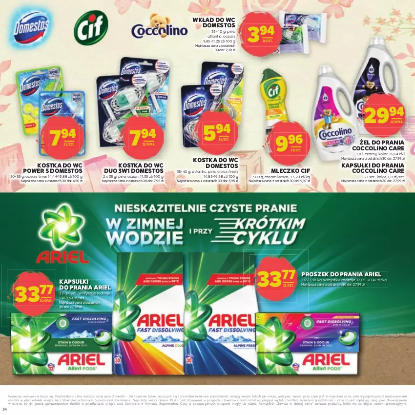 Gazetka promocyjna Stokrotka - Dzień matki i dziecka - ważna 22.05 do 04.06.2025 - strona 34 - produkty: Ariel, Cif, Coccolino, Domestos, Kapsułki do prania, Kostka do wc, Mięso, Mleczko, Owoce, Proszek do prania, Warzywa