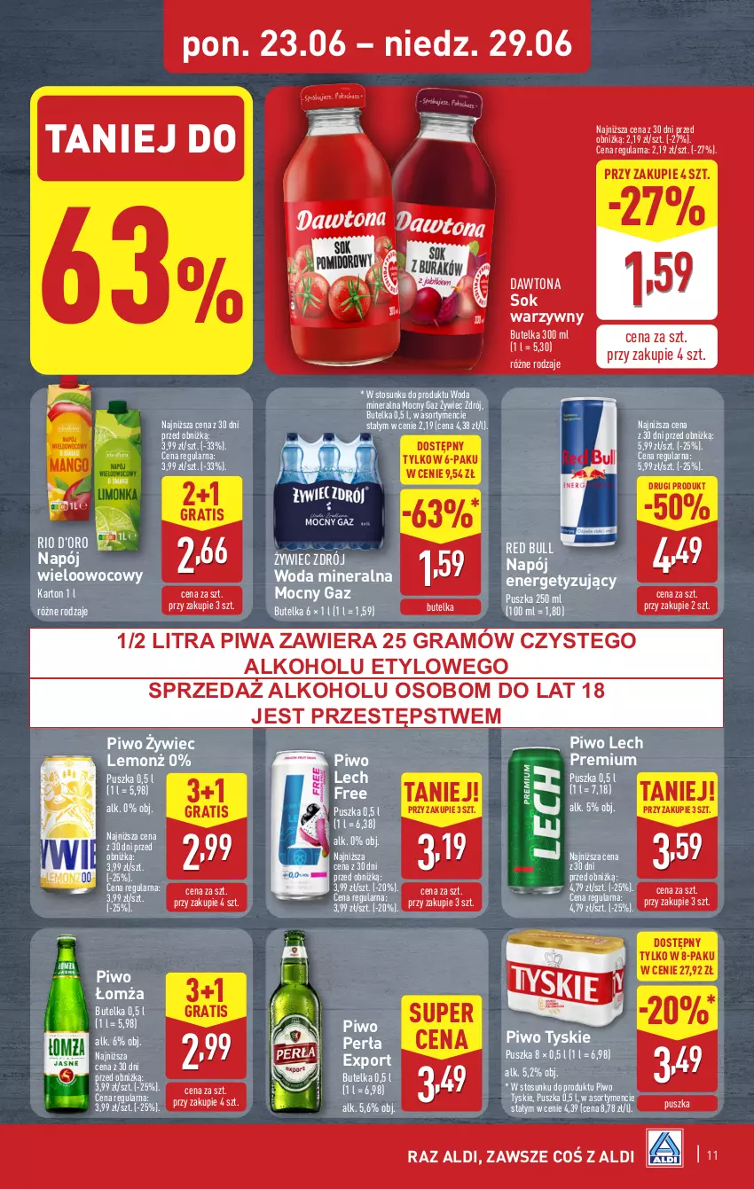 Gazetka promocyjna Aldi - Pełna oferta - ważna 23.06 do 29.06.2025 - strona 11 - produkty: Dawtona, Gra, Lech Premium, Napój, Perła, Piwa, Piwo, Por, Red Bull, Sok, Tyskie, Woda, Woda mineralna