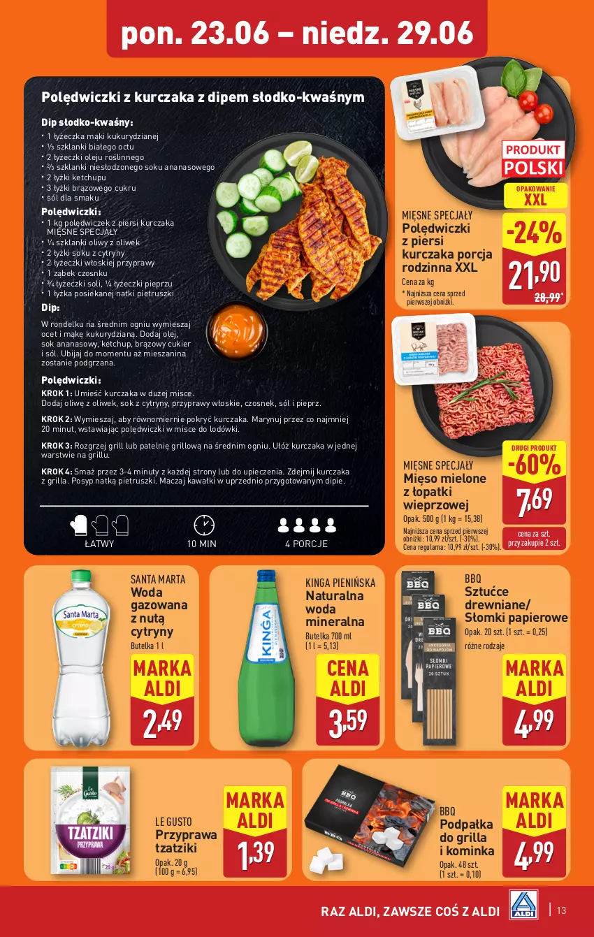 Gazetka promocyjna Aldi - Pełna oferta - ważna 23.06 do 29.06.2025 - strona 13 - produkty: Ananas, Cukier, Cytryny, Czosnek, Grill, Inka, Kawa, Ketchup, Kurczak, Lanki, Mięsne specjały, Mięso, Mięso mielone, Mięso mielone z łopatki wieprzowej, Nuty, Ocet, Olej, Papier, Piec, Pieprz, Polędwiczki z kurczaka, Por, Przyprawy, Rondel, Sok, Sól, Woda, Woda gazowana, Woda mineralna