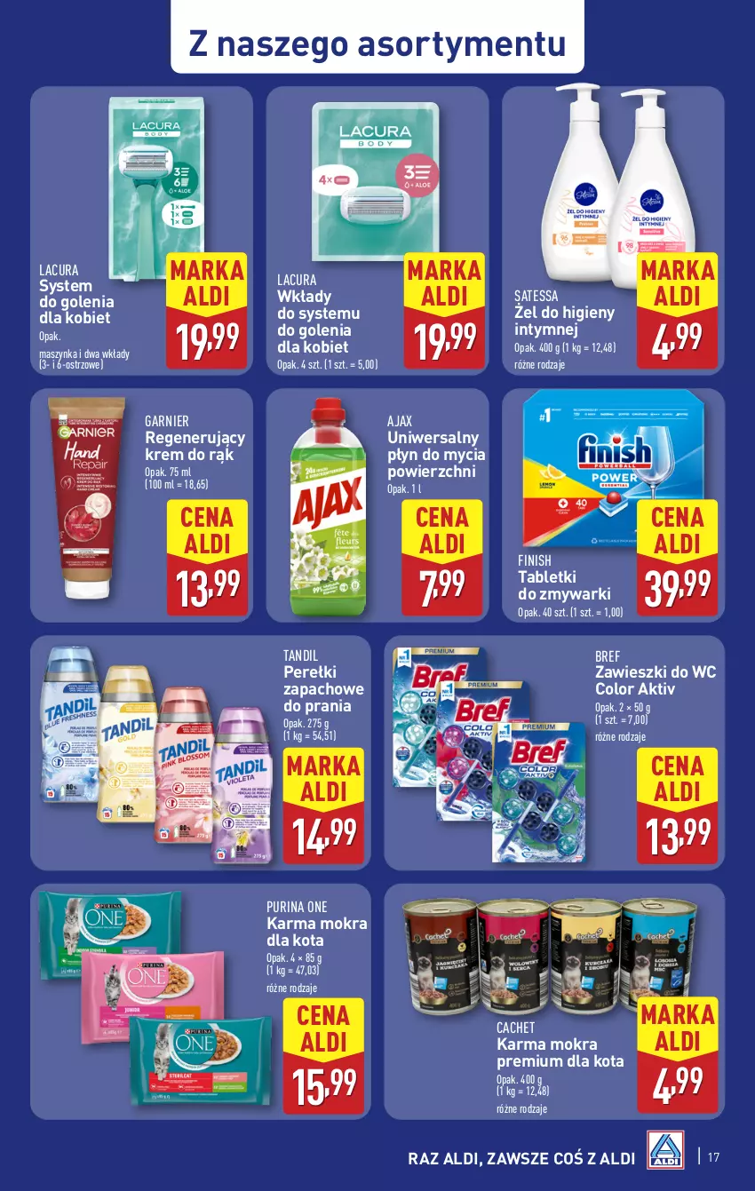 Gazetka promocyjna Aldi - Pełna oferta - ważna 23.06 do 29.06.2025 - strona 17 - produkty: Ajax, Bref, Finish, Garnier, Krem do rąk, Maszynka, Perełki zapachowe, Płyn do mycia, Pur, Purina, Szynka, Tablet, Tabletki do zmywarki, Zawieszki, Zmywarki