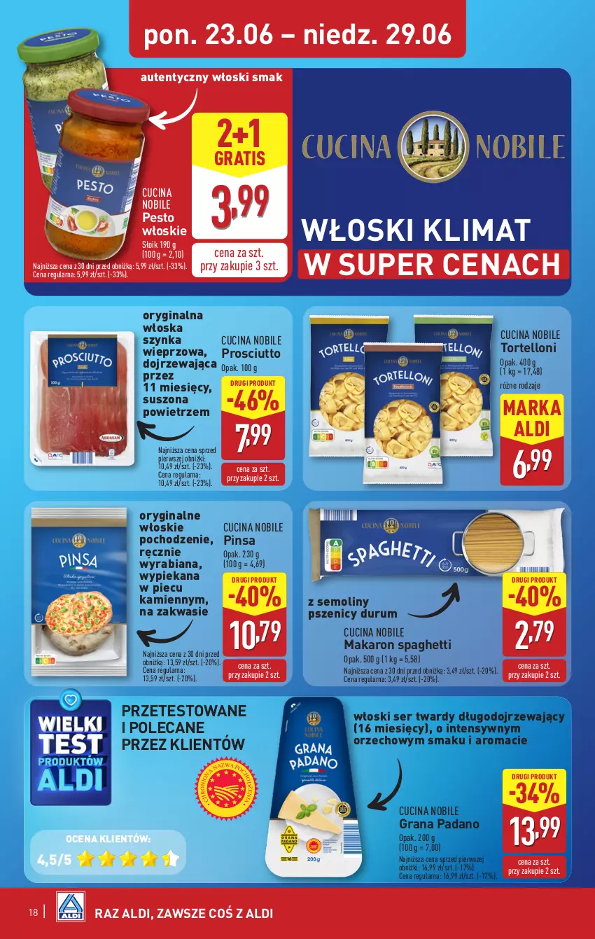 Gazetka promocyjna Aldi - Pełna oferta - ważna 23.06 do 29.06.2025 - strona 18 - produkty: Gin, Gra, Makaron, Pesto, Piec, Prosciutto, Rum, Ser, Spaghetti, Szynka, Tortelloni