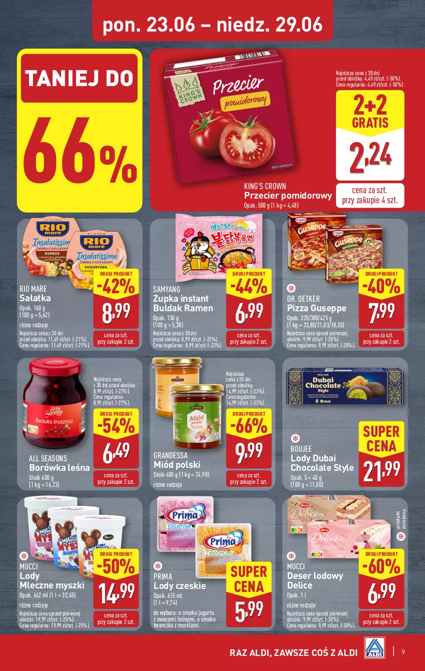 Gazetka promocyjna Aldi - Pełna oferta - ważna 23.06 do 29.06.2025 - strona 9 - produkty: All Seasons, Borówka, Deser, Dr. Oetker, Gra, Jogurt, Lody, Miód, Morela, Mysz, Pizza, Prima, Rio Mare, Sałat, Sałatka, Ser