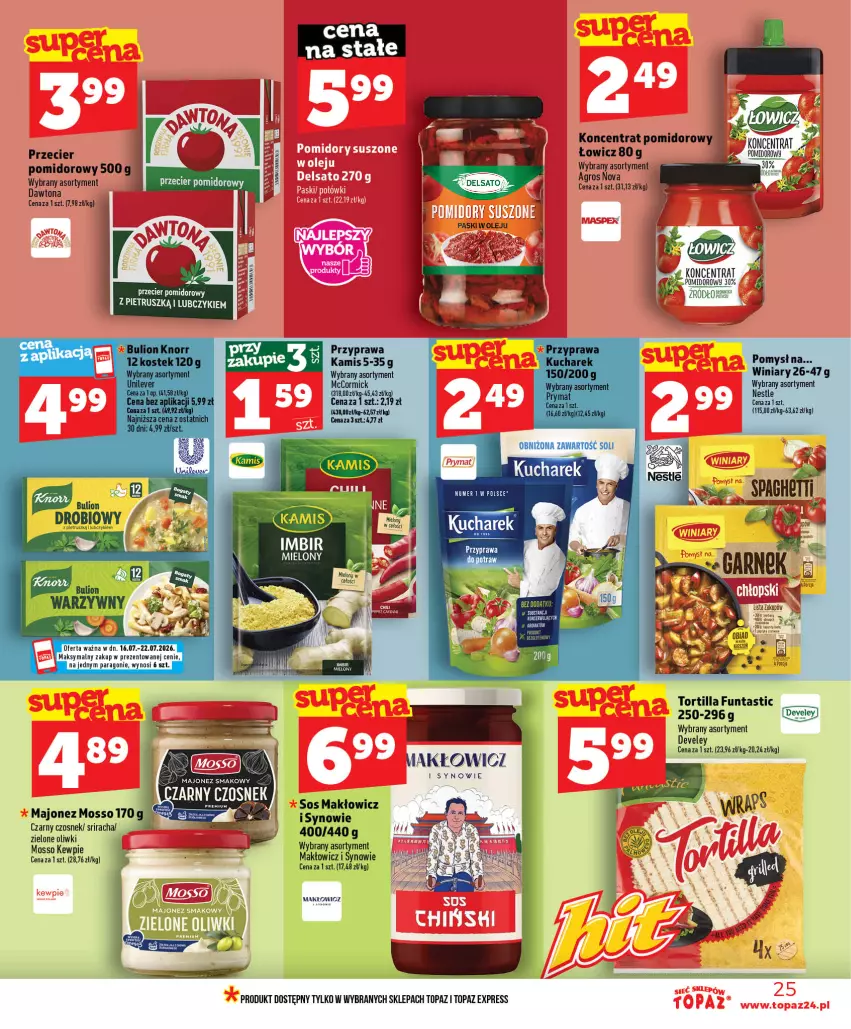 Gazetka promocyjna Topaz - Gazetka - ważna 16.07 do 22.07.2026 - strona 25 - produkty: Czosnek, Imbir, Kamis, Koc, Koncentrat pomidorowy, Kucharek, Oliwki, Sos, Top, Tortilla, Winiary