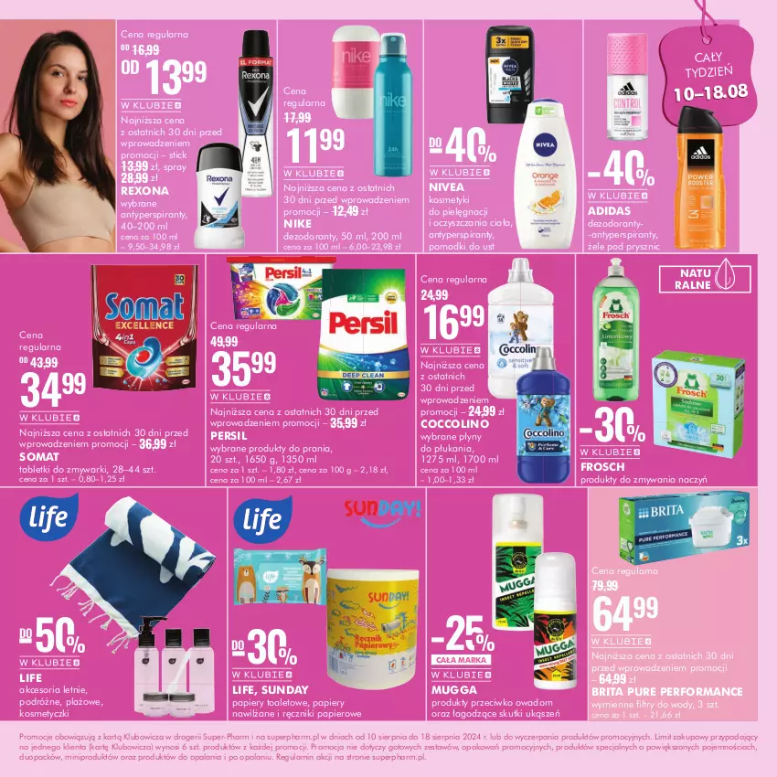 Gazetka promocyjna Super Pharm - ważna 10.08 do 18.08.2024 - strona 10 - produkty: Adidas, Antyperspirant, Brit, Brita, Coccolino, Dezodorant, Frosch, Kosmetyki do pielęgnacji, Nike, Nivea, Papier, Persil, Pur, Ręcznik, Ręczniki papierowe, Rexona, Somat, Tablet, Tabletki do zmywarki, Zmywarki