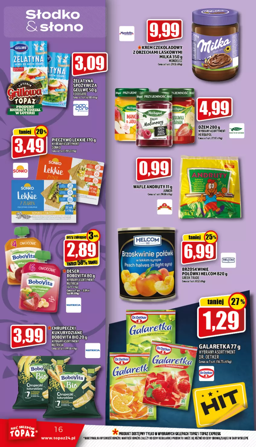 Gazetka promocyjna Topaz - Gazetka - ważna 02.06 do 08.06.2022 - strona 16 - produkty: Brzoskwinie, Dr. Oetker, Gala, Galaretka, HELCOM, Herbapol, Milka, Sok, Top, Wafle