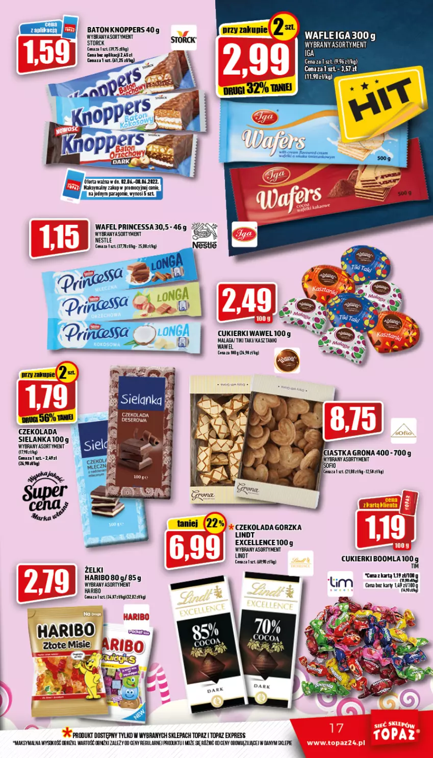 Gazetka promocyjna Topaz - Gazetka - ważna 02.06 do 08.06.2022 - strona 17 - produkty: Baton, Ciastka, Cukier, Cukierki, Czekolada, Czekolada gorzka, Knoppers, Lindt, Princessa, Sok, Top, Wafle, Wawel