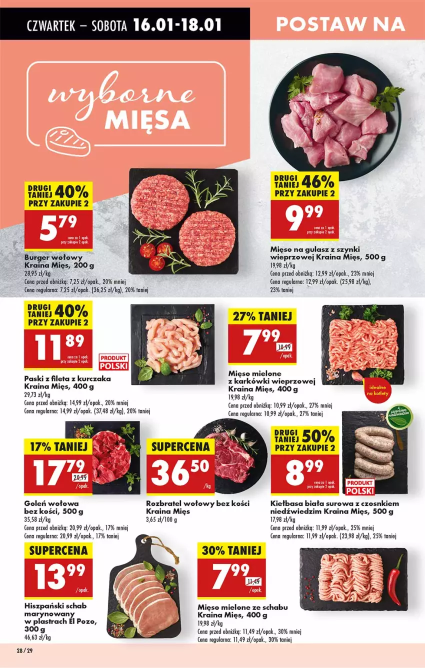 Gazetka promocyjna Biedronka - Od Czwartku - ważna 16.01 do 22.01.2025 - strona 28 - produkty: Burger, Kiełbasa, Kiełbasa biała, Kurczak, Mięso, Mięso mielone, Mięso na gulasz, Rozbratel wołowy