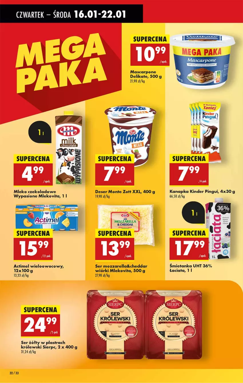 Gazetka promocyjna Biedronka - Od Czwartku - ważna 16.01 do 22.01.2025 - strona 32 - produkty: Actimel, Cheddar, Deser, Kinder, Koc, Królewski, Mascarpone, Mleko, Mlekovita, Monte, Mozzarella, Ser, Zott