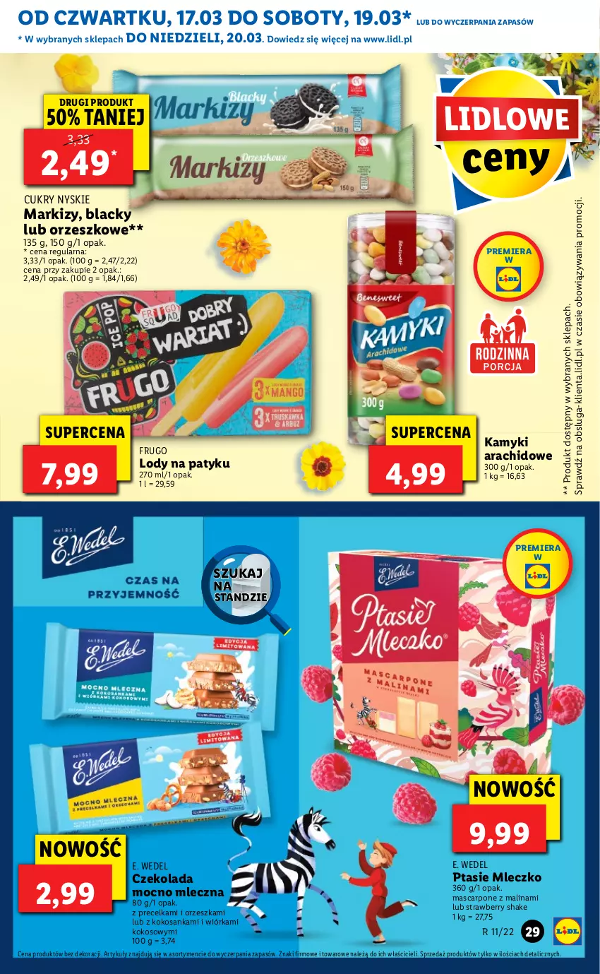 Gazetka promocyjna Lidl - GAZETKA - ważna 17.03 do 20.03.2022 - strona 29 - produkty: Czekolada, E. Wedel, Kamyki arachidowe, Kokos, Lack, Lody, Mascarpone, Mleczko, Ptasie mleczko