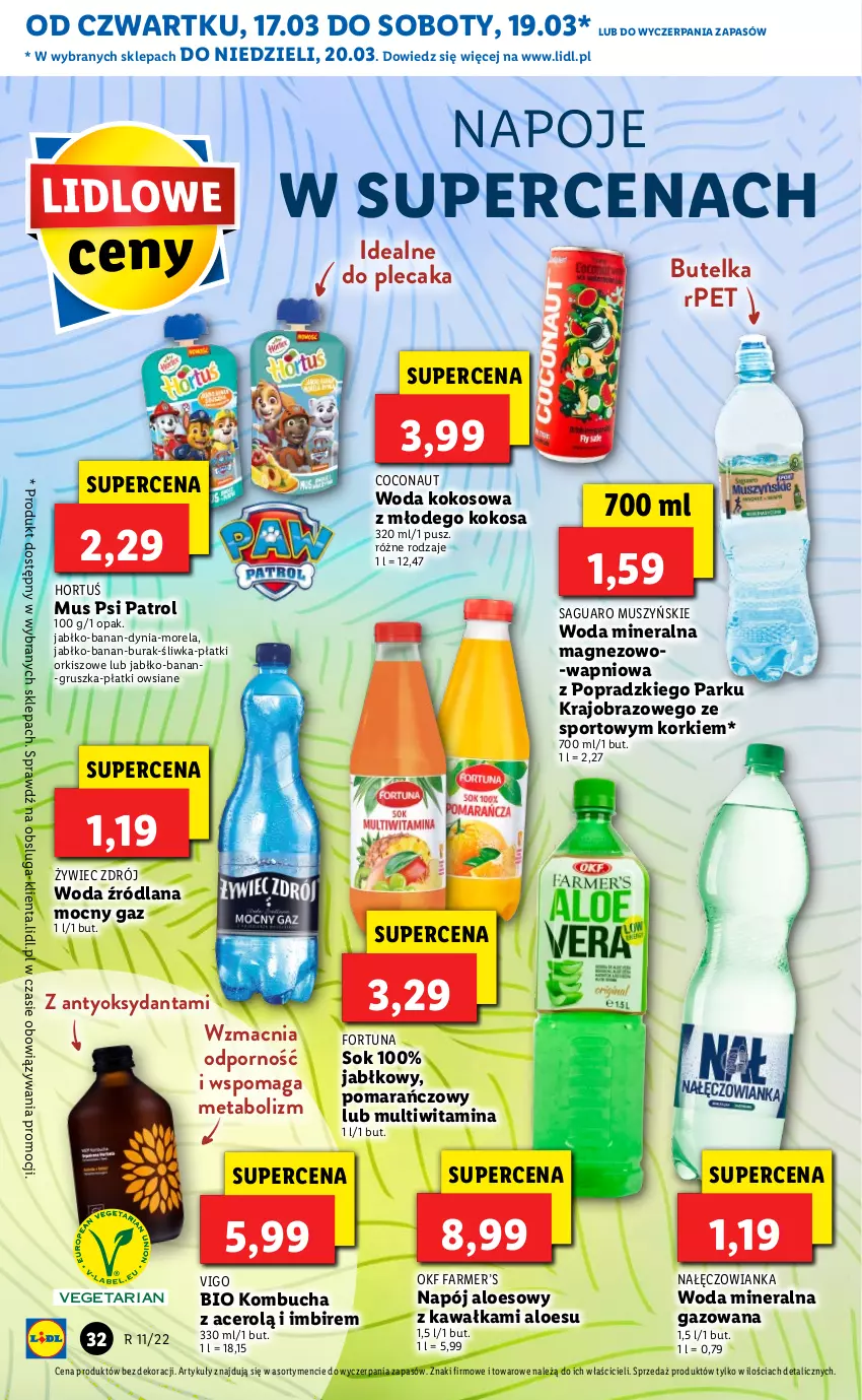 Gazetka promocyjna Lidl - GAZETKA - ważna 17.03 do 20.03.2022 - strona 32 - produkty: Acer, Fa, Fortuna, Imbir, Kawa, Kokos, LANA, Magnez, Morela, Mus, Nałęczowianka, Napój, Napoje, Obraz, Płatki orkiszowe, Płatki owsiane, Plecak, Por, Psi Patrol, Sok, Sport, Woda, Woda mineralna