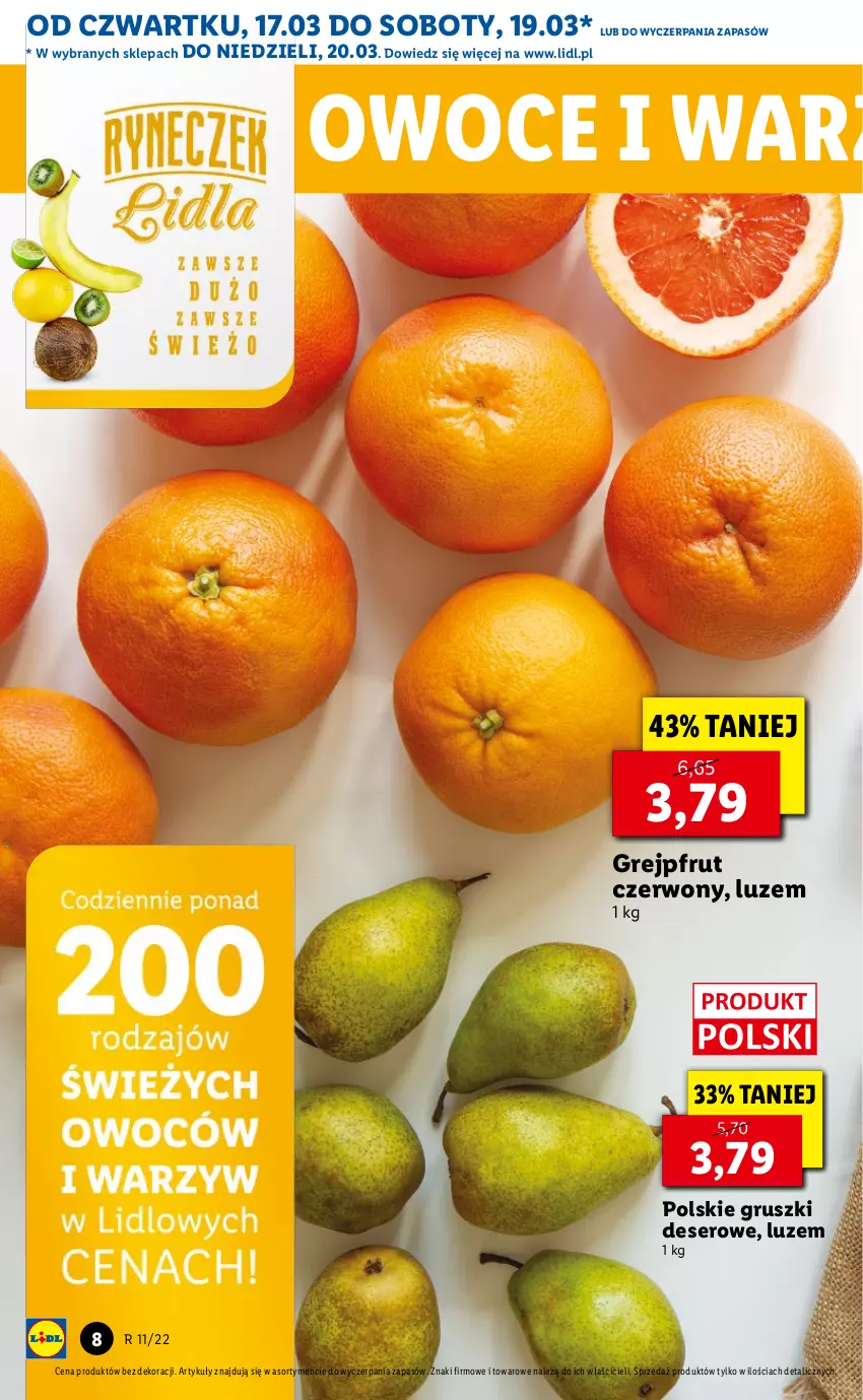 Gazetka promocyjna Lidl - GAZETKA - ważna 17.03 do 20.03.2022 - strona 8 - produkty: Deser, Grejpfrut, Gruszki, Owoce, Ser