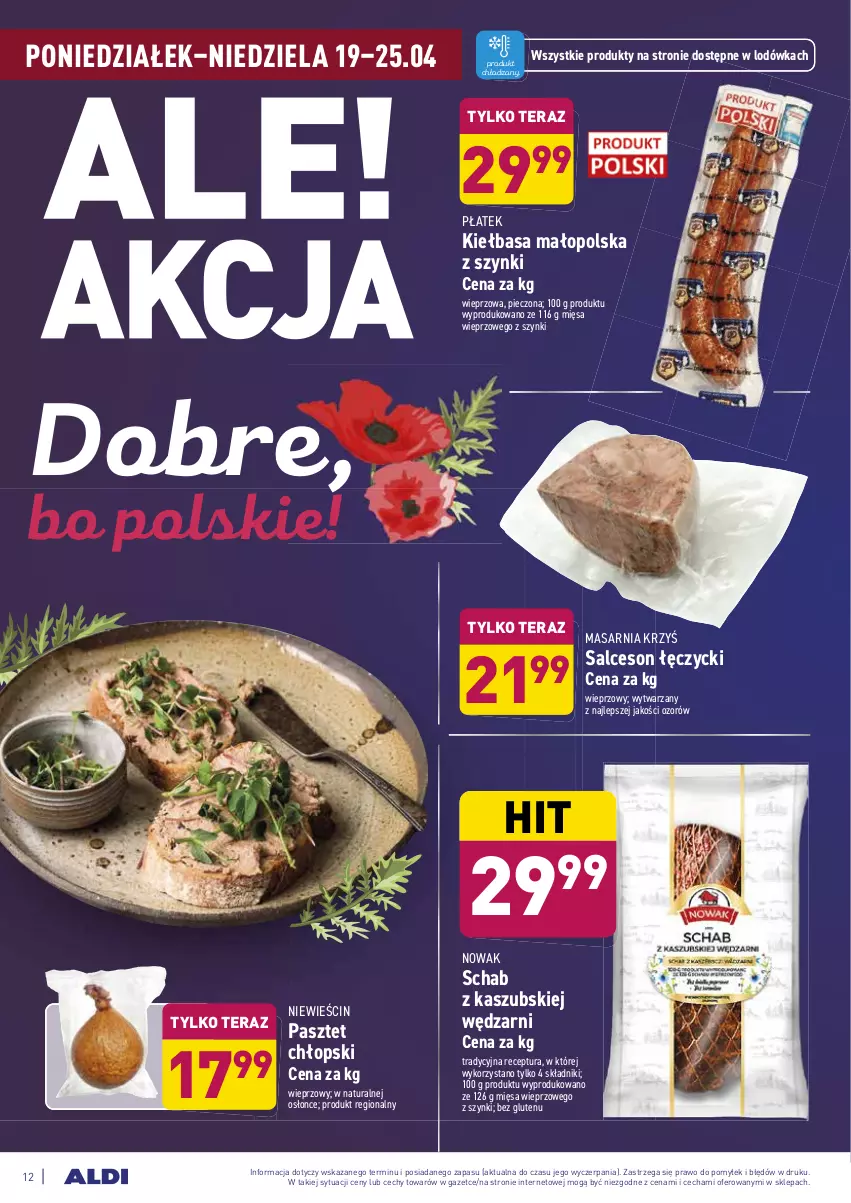 Gazetka promocyjna Aldi - Ale akcja - ważna 19.04 do 25.04.2021 - strona 12 - produkty: Kiełbasa, Lodówka, NOWAK, Pasztet, Piec, Salceson, Schab z kaszubskiej wędzarni, Tera