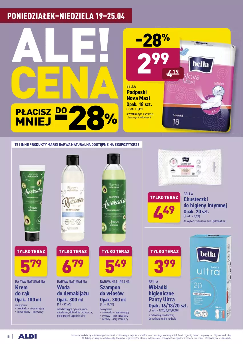 Gazetka promocyjna Aldi - Ale akcja - ważna 19.04 do 25.04.2021 - strona 18 - produkty: Barwa Naturalna, Bell, Bella, Chusteczki, Chusteczki do higieny, Krem do rąk, Makijaż, Osłonka, Podpaski, Ryż, Szampon, Tera, Wkładki, Woda, Woda micelarna