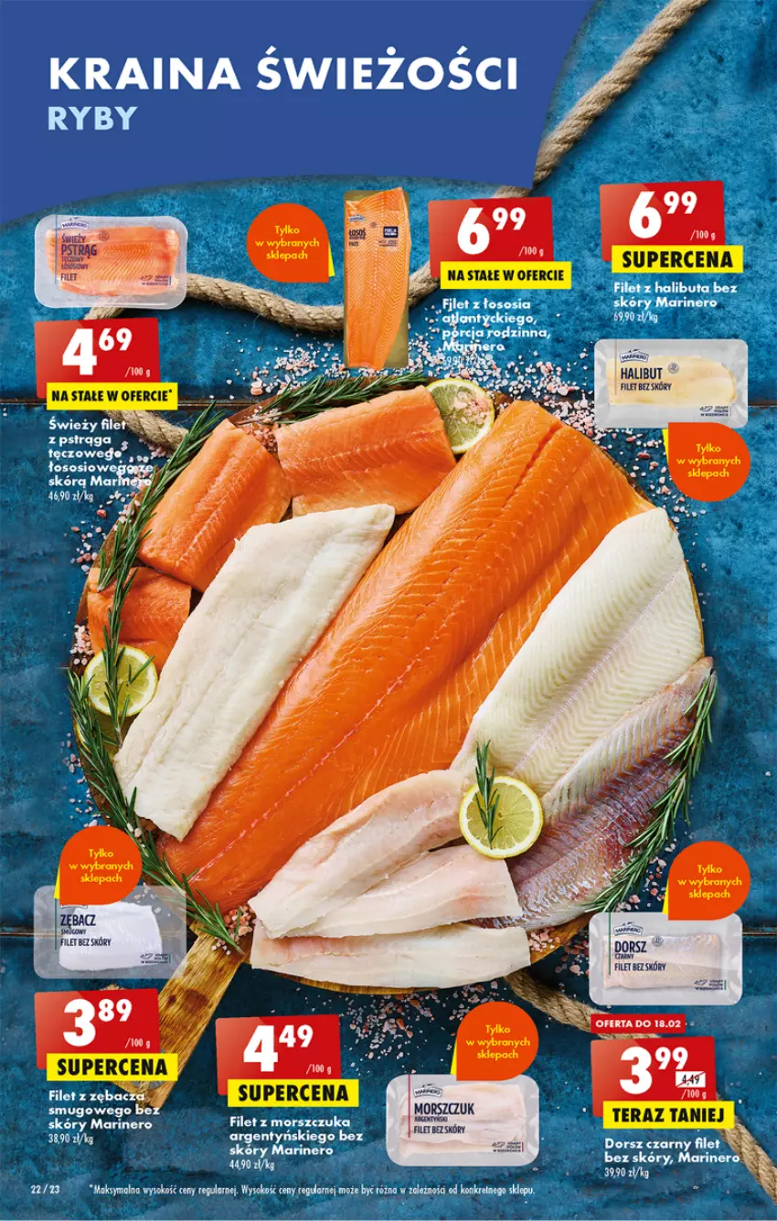 Gazetka promocyjna Biedronka - ważna 16.02 do 22.02.2023 - strona 22 - produkty: Dorsz, Filet z morszczuka, Halibut, Pstrąg, Sok