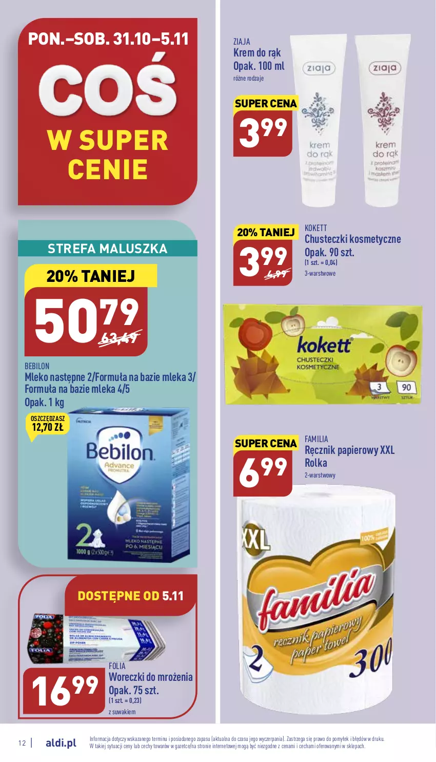 Gazetka promocyjna Aldi - Pełny katalog - ważna 31.10 do 05.11.2022 - strona 12 - produkty: BEBILON, Chusteczki, Chusteczki kosmetyczne, Fa, Krem do rąk, Mleko, O nas, Papier, Ręcznik, Ziaja