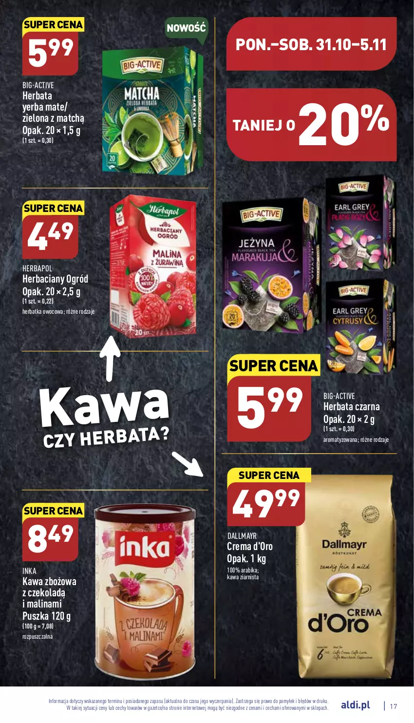 Gazetka promocyjna Aldi - Pełny katalog - ważna 31.10 do 05.11.2022 - strona 17 - produkty: Dallmayr, Herbapol, Herbata, Herbata czarna, Inka, Kawa, Kawa zbożowa, Kawa ziarnista, Ogród