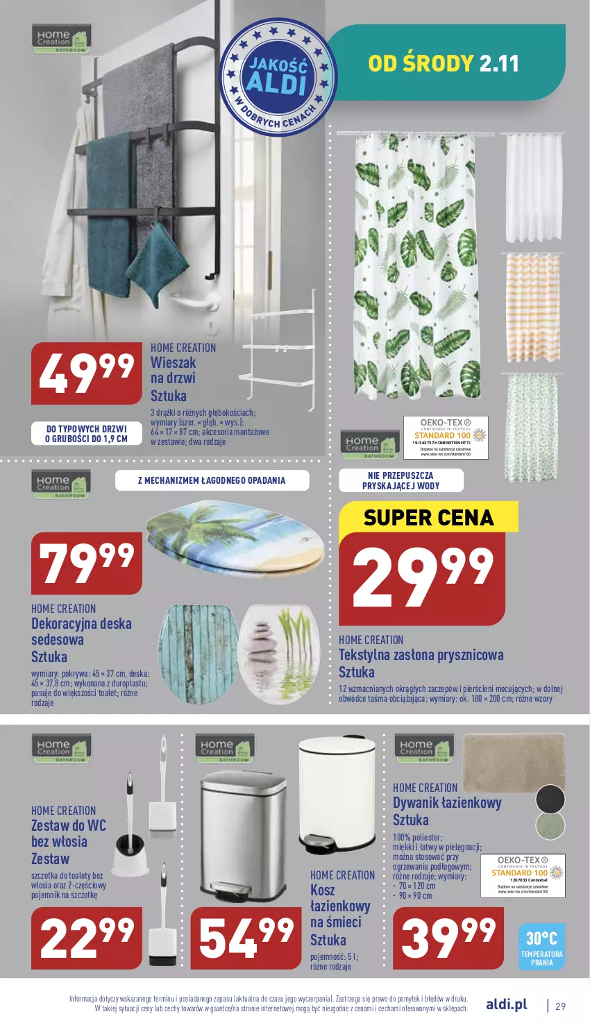 Gazetka promocyjna Aldi - Pełny katalog - ważna 31.10 do 05.11.2022 - strona 29 - produkty: Deska sedesowa, Drzwi, Dywan, Dywanik, Dywanik łazienkowy, Kosz, Kosz łazienkowy, Pojemnik, Pokrywa, Szczotka, Wieszak, Zasłona, Zasłona prysznicowa, Zestaw do wc