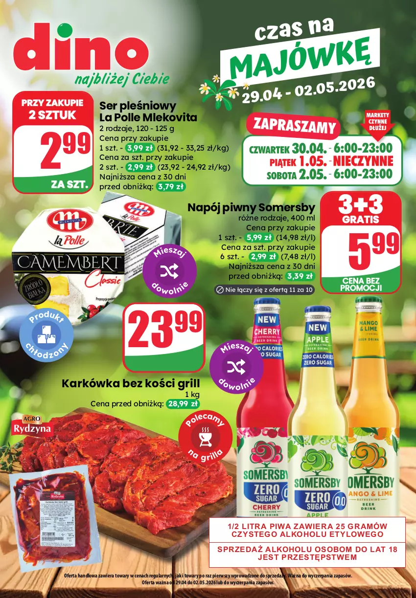 Gazetka promocyjna Dino - Katalog - Czas na majówkę 2026 - ważna 29.04 do 02.05.2026 - strona 1 - produkty: Gra, Grill, Mleko, Mlekovita, Napój, Piwa, Ser, Ser pleśniowy, Somersby