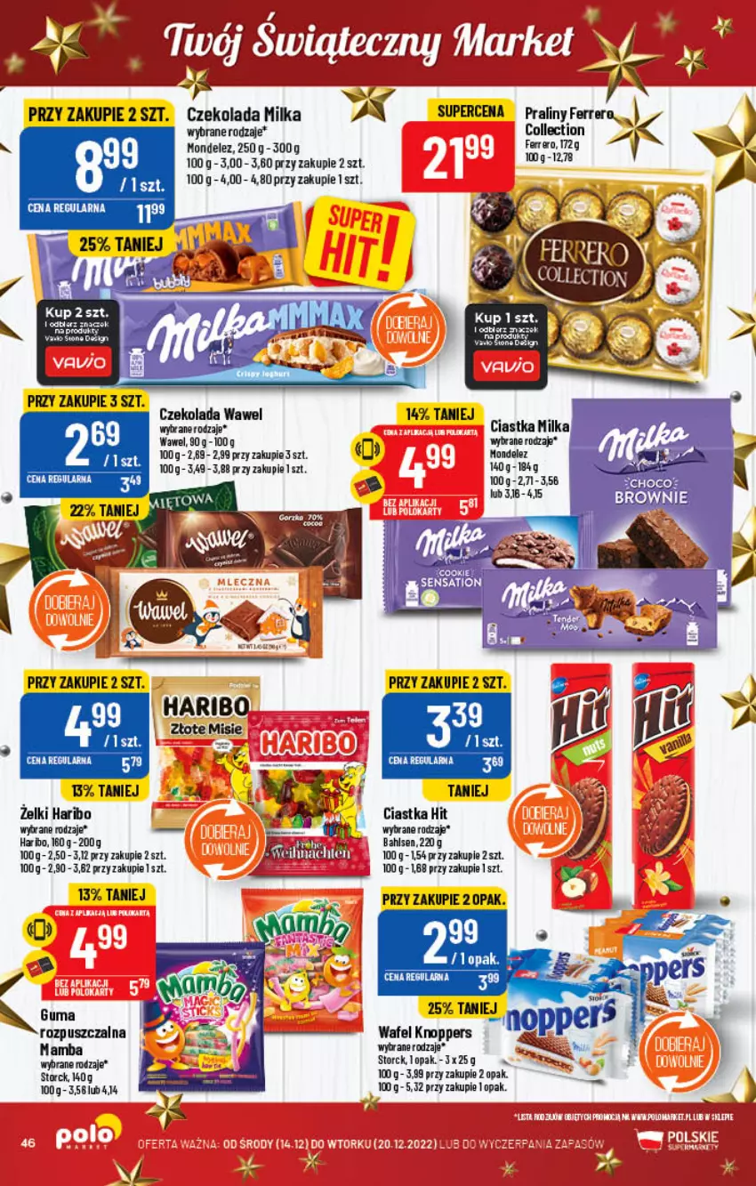 Gazetka promocyjna PoloMarket - Gazetka pomocyjna - ważna 14.12 do 20.12.2022 - strona 46 - produkty: Ciastka, Czekolada, Fa, Haribo, Knoppers, Milka, Praliny, Wawel