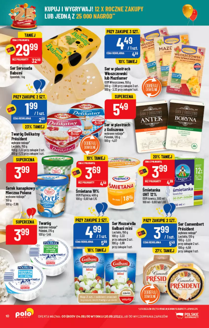 Gazetka promocyjna PoloMarket - Gazetka pomocyjna - ważna 14.09 do 20.09.2022 - strona 10 - produkty: Camembert, Galbani, Mazdamer, Mozzarella, Piątnica, Polmiek, Ser, Sos, Twaróg, Włoszczowski