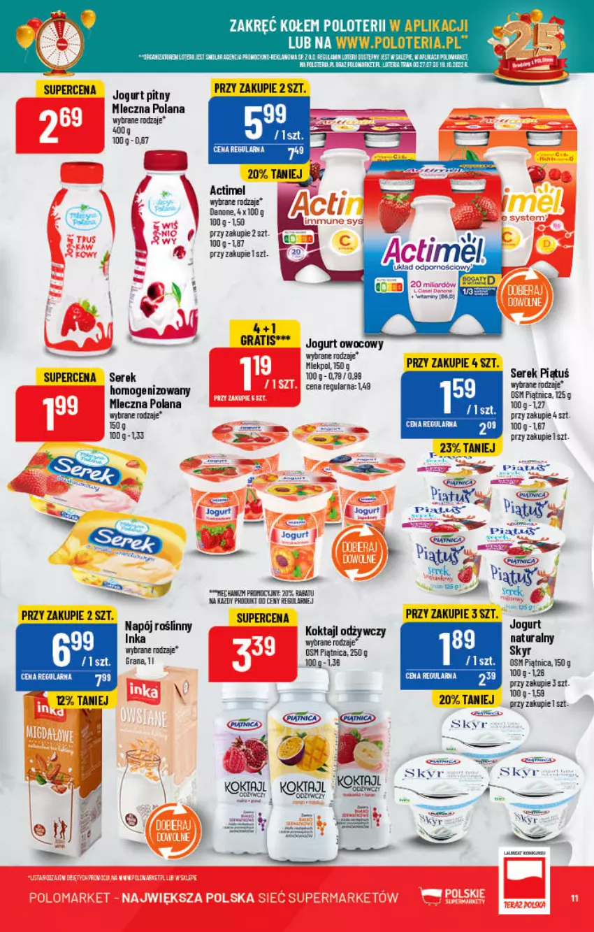 Gazetka promocyjna PoloMarket - Gazetka pomocyjna - ważna 14.09 do 20.09.2022 - strona 11 - produkty: Actimel, Gra, Jogurt, Jogurt pitny, LANA, Napój, Piątnica, Ser, Serek