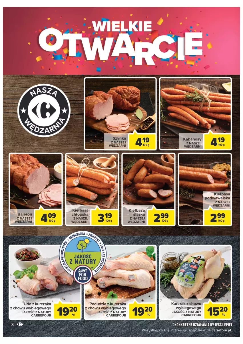 Gazetka promocyjna Carrefour - Gazetka Wielkie Otwarcie w Kaliszu - ważna 16.11 do 21.11.2022 - strona 8 - produkty: Kabanos, Kiełbasa, Kiełbasa podwawelska, Kurczak, Podudzie z kurczaka, Szynka, Udo z kurczaka, Wawel