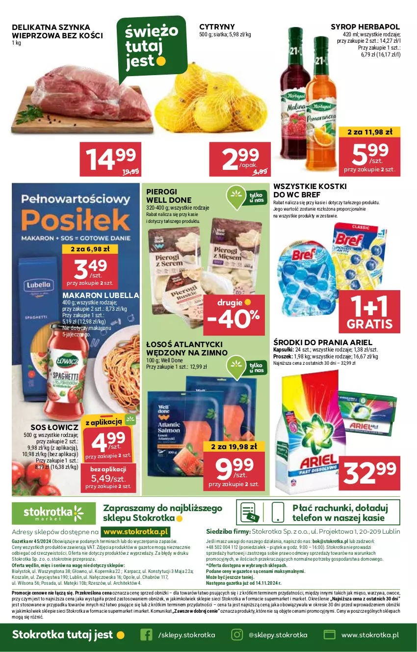 Gazetka promocyjna Stokrotka - Market - ważna 07.11 do 13.11.2024 - strona 22 - produkty: Ariel, Bell, Bella, Bref, Cytryny, Dres, Gra, Herbapol, JBL, Lubella, Makaron, Mięso, O nas, Owoce, Pierogi, Por, Ser, Siatka, Sos, Syrop, Szal, Szynka, Szynka wieprzowa, Telefon, Wagi, Warzywa