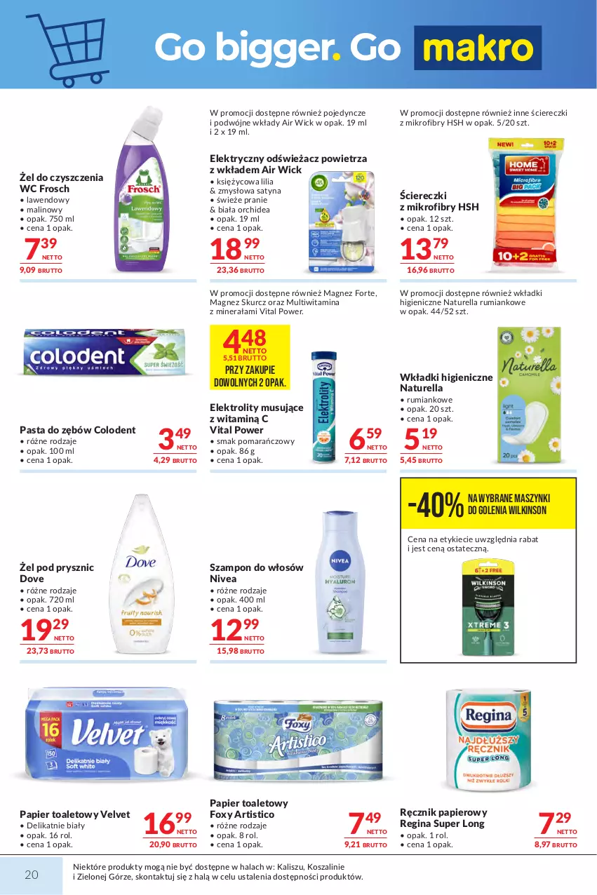 Gazetka promocyjna Makro - Mega oferty dla Twojego Sklepu - ważna 21.07 do 03.08.2026 - strona 20 - produkty: Air Wick, Dove, Foxy, Frosch, Gin, Kosz, Magnez, Mus, Naturell, Naturella, Nivea, Odświeżacz powietrza, Papier, Papier toaletowy, Pasta do zębów, Ręcznik, Rum, Szal, Szampon, Velvet, Wkładki