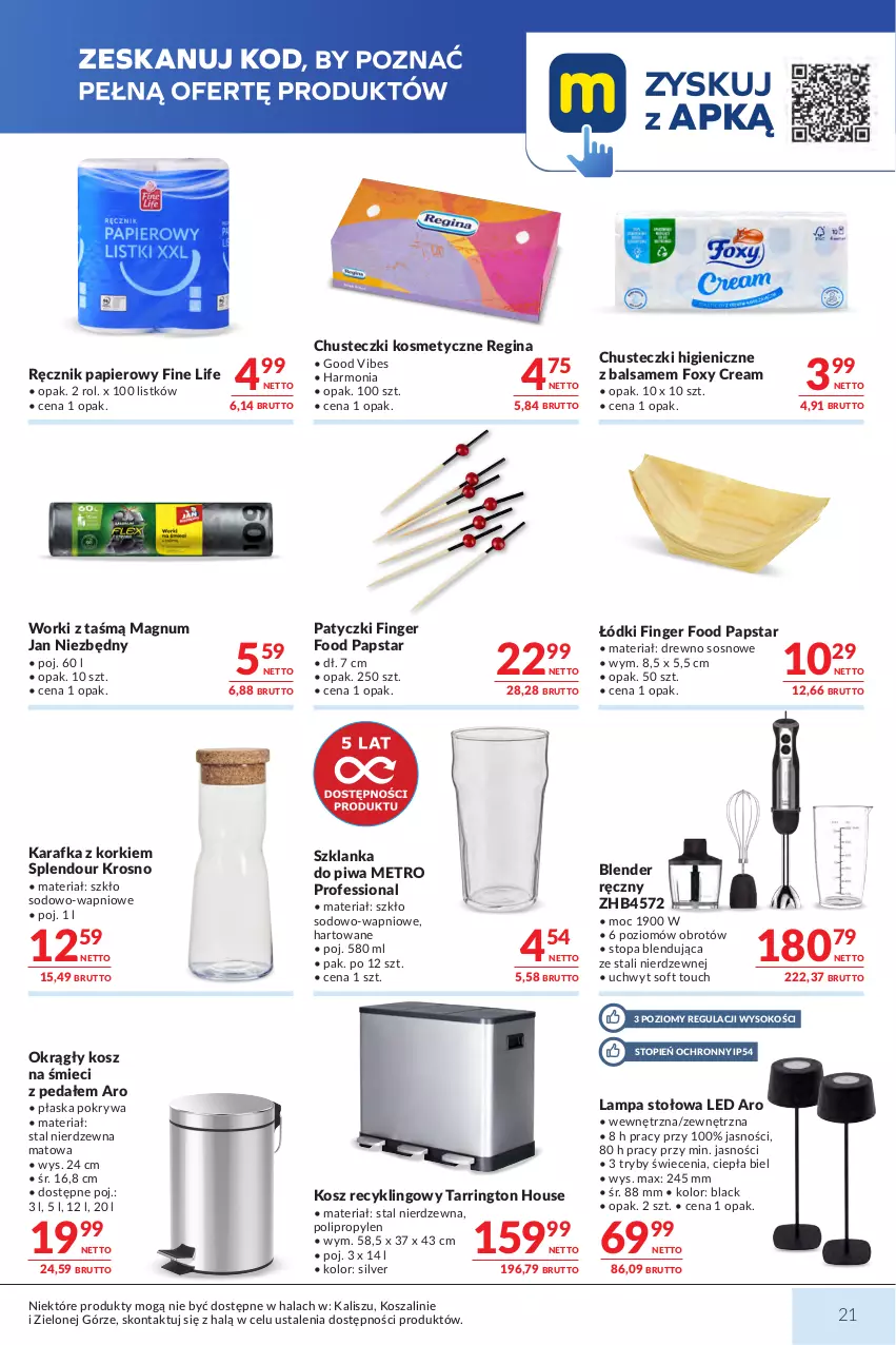 Gazetka promocyjna Makro - Mega oferty dla Twojego Sklepu - ważna 21.07 do 03.08.2026 - strona 21 - produkty: Blender, Blender ręczny, Chusteczki, Chusteczki kosmetyczne, Foxy, Gin, Jan Niezbędny, Karafka, Kosz, Lack, Lampa, Lampa stołowa, Metro, Papier, Piwa, Pokrywa, Ręcznik, Sok, Sos, Szal, Szklanka, Top