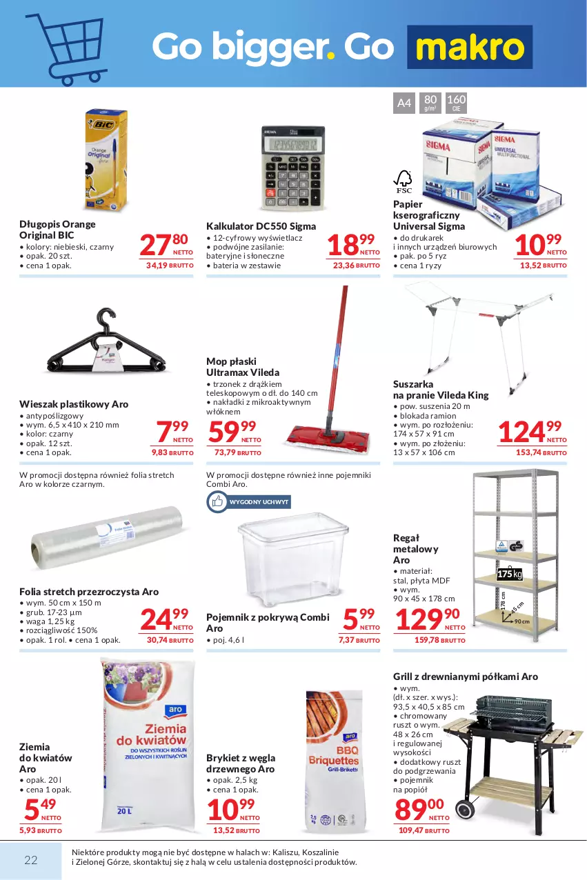 Gazetka promocyjna Makro - Mega oferty dla Twojego Sklepu - ważna 21.07 do 03.08.2026 - strona 22 - produkty: Bateria, BIC, Biuro, Długopis, Gin, Gra, Grill, Kosz, Mop, Papier, Płyta, Pojemnik, Półka, Rama, Regał, Regał metalowy, Ser, Silan, Sok, Suszarka, Suszarka na pranie, Szal, Teleskop, Vileda, Waga, Wieszak
