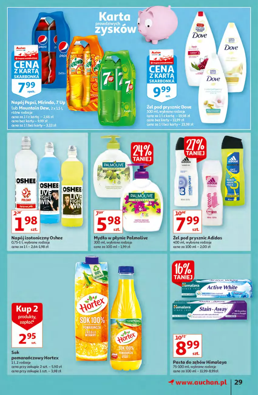 Gazetka promocyjna Auchan - Małe Ceny Hipermarkety - ważna 04.01 do 12.01.2022 - strona 29 - produkty: Adidas, Himalaya, Hortex, Mydło, Mydło w płynie, Napój, Napój izotoniczny, Oshee, Palmolive, Pasta do zębów, Sok