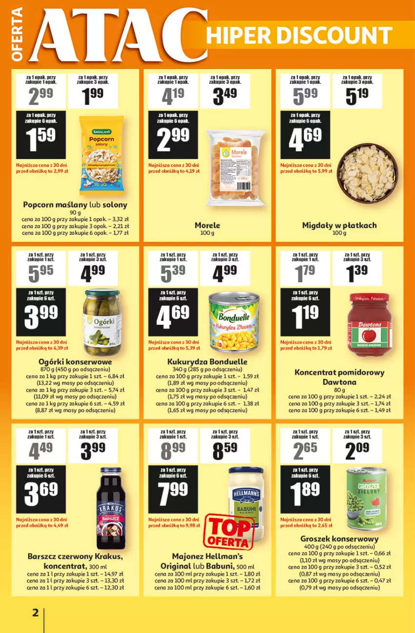 Gazetka promocyjna Auchan - ATAC Hiper Discount - ważna 04.12 do 24.12.2025 - strona 2 - produkty: Babuni, Bonduelle, Dawtona, Gin, Groszek, Koncentrat pomidorowy, Krakus, Kukurydza, Majonez, Migdały, Ogórki konserwowe, Popcorn, Ser