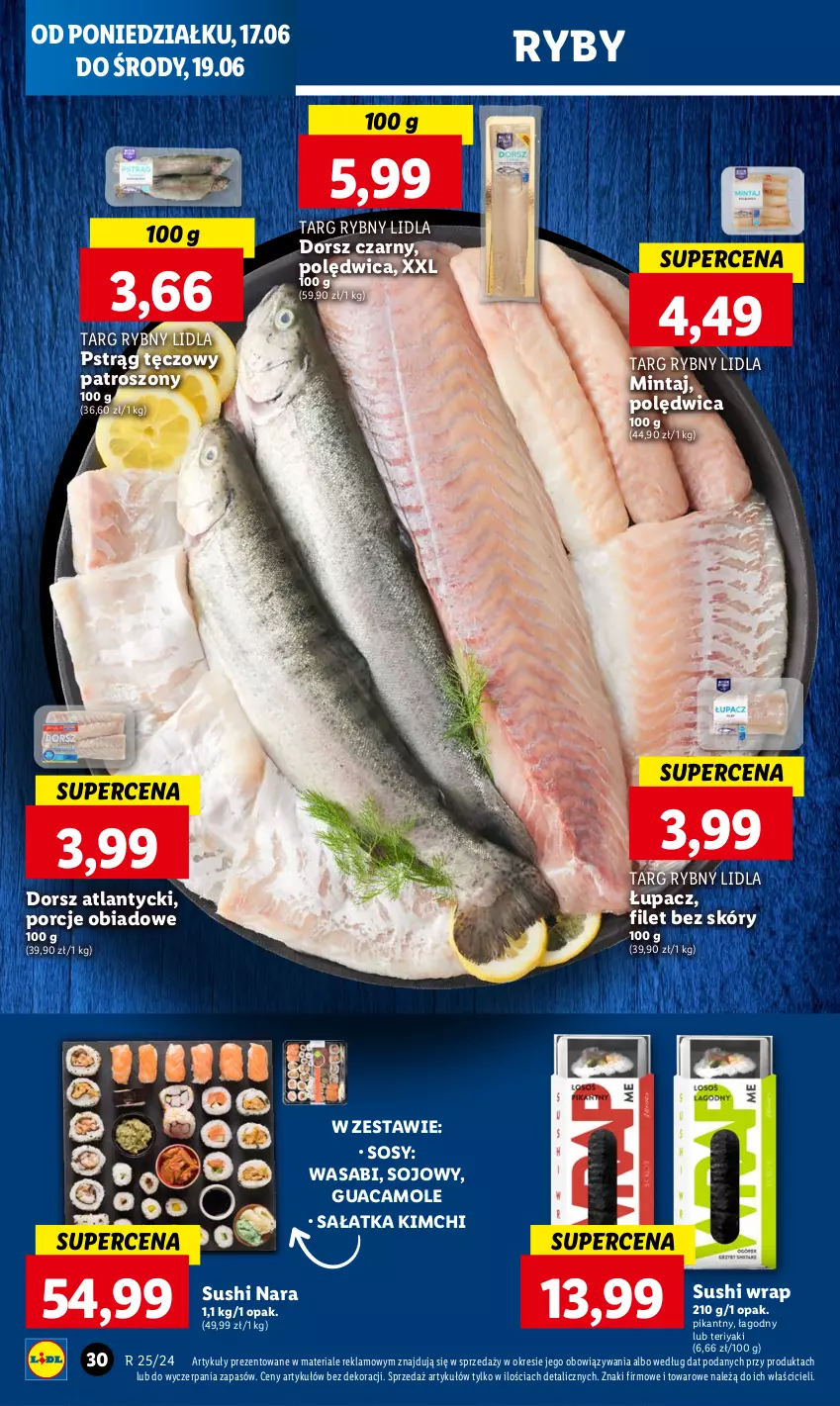 Gazetka promocyjna Lidl - GAZETKA - ważna 17.06 do 19.06.2024 - strona 32 - produkty: Amol, Dorsz, Mintaj, Polędwica, Por, Pstrąg, Pstrąg tęczowy, Sałat, Sałatka, Sos, Sushi, Wasa