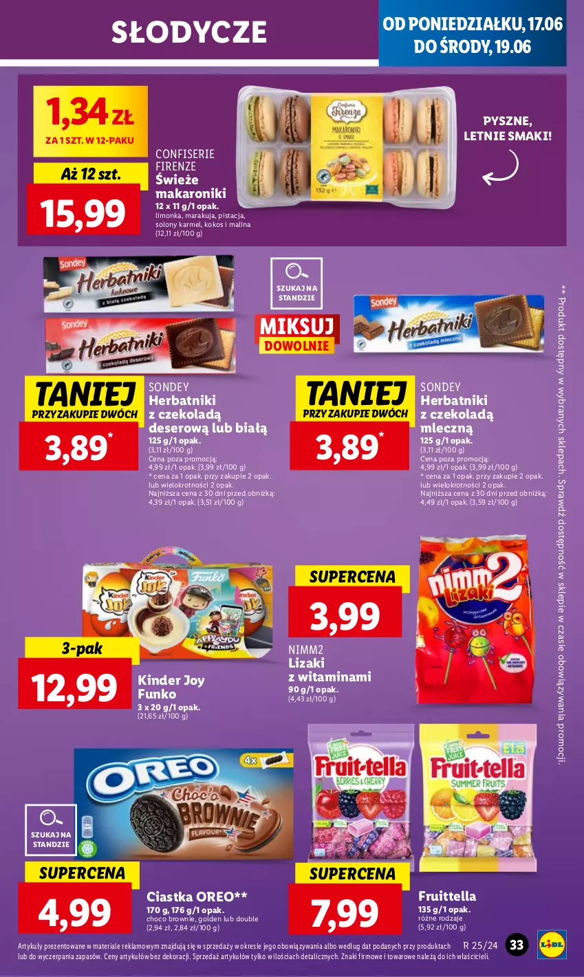 Gazetka promocyjna Lidl - GAZETKA - ważna 17.06 do 19.06.2024 - strona 35 - produkty: Brownie, Ciastka, Deser, Herbatniki, Kinder, Kokos, Limonka, Lizaki, Makaron, Nimm2, Oreo, Ser