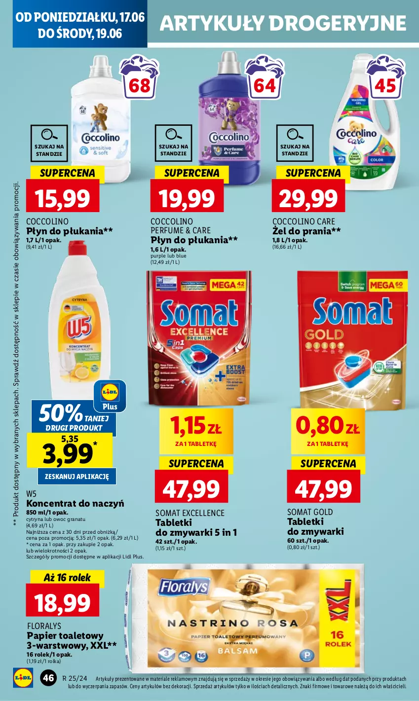 Gazetka promocyjna Lidl - GAZETKA - ważna 17.06 do 19.06.2024 - strona 50 - produkty: Coccolino, Flora, Gra, Granat, Papier, Papier toaletowy, Perfum, Płyn do płukania, Pur, Somat, Somat gold, Tablet, Tabletki do zmywarki, Zmywarki