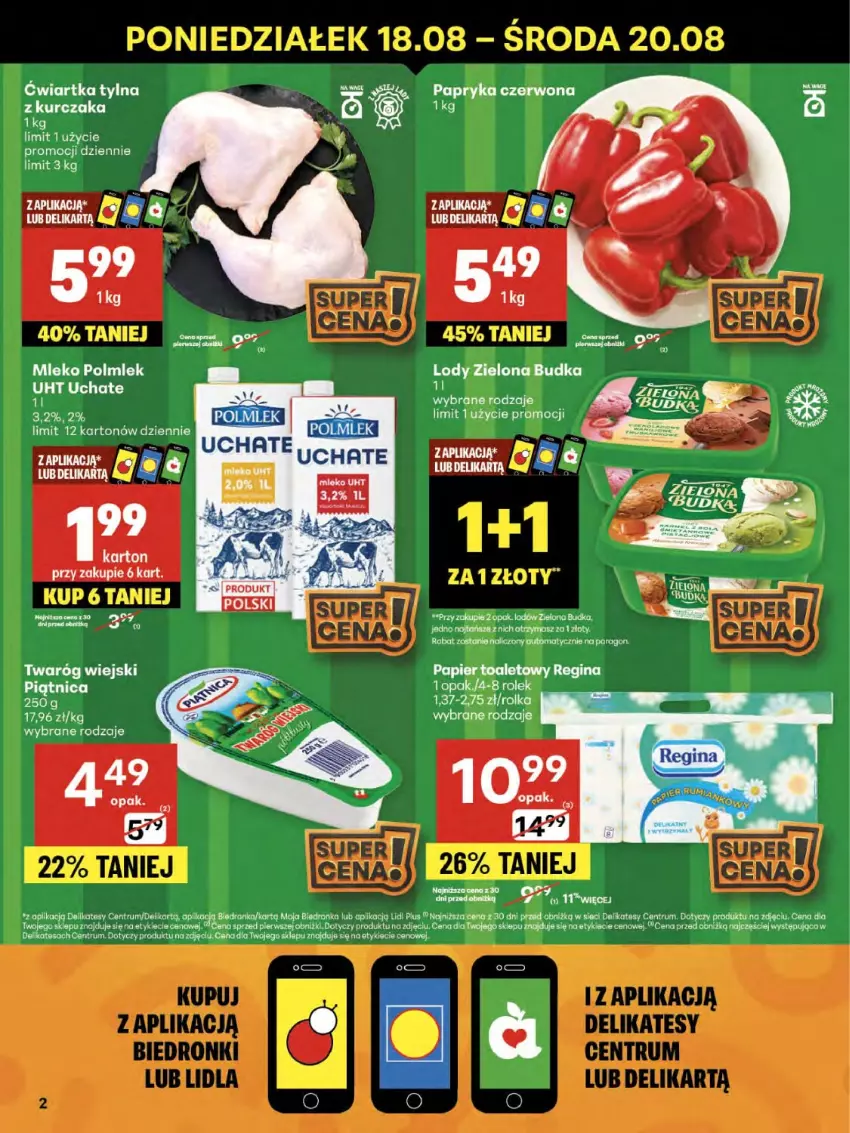 Gazetka promocyjna Delikatesy Centrum - Franczyza DC33 Czwartek - ważna 14.08 do 20.08.2025 - strona 2 - produkty: Gin, Lody, Mleko, Papier, Papier toaletowy, POLMLEK, Rum, Twaróg, Zielona Budka