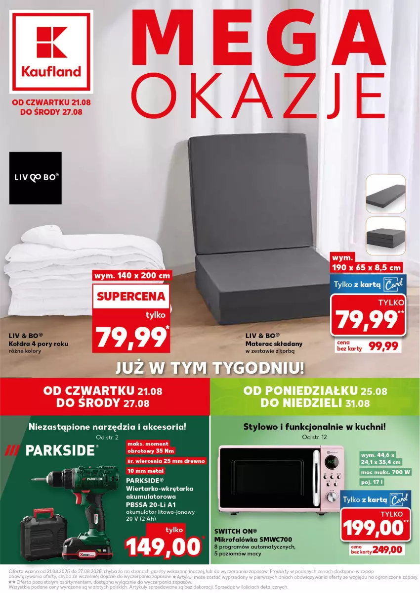 Gazetka promocyjna Kaufland - Kaufland - ważna 21.08 do 27.08.2025 - strona 1 - produkty: Akumulator, Kołdra, Materac, Materac składany, Parkside, Por, Tarka, Tera, Wkręt, Wkrętarka