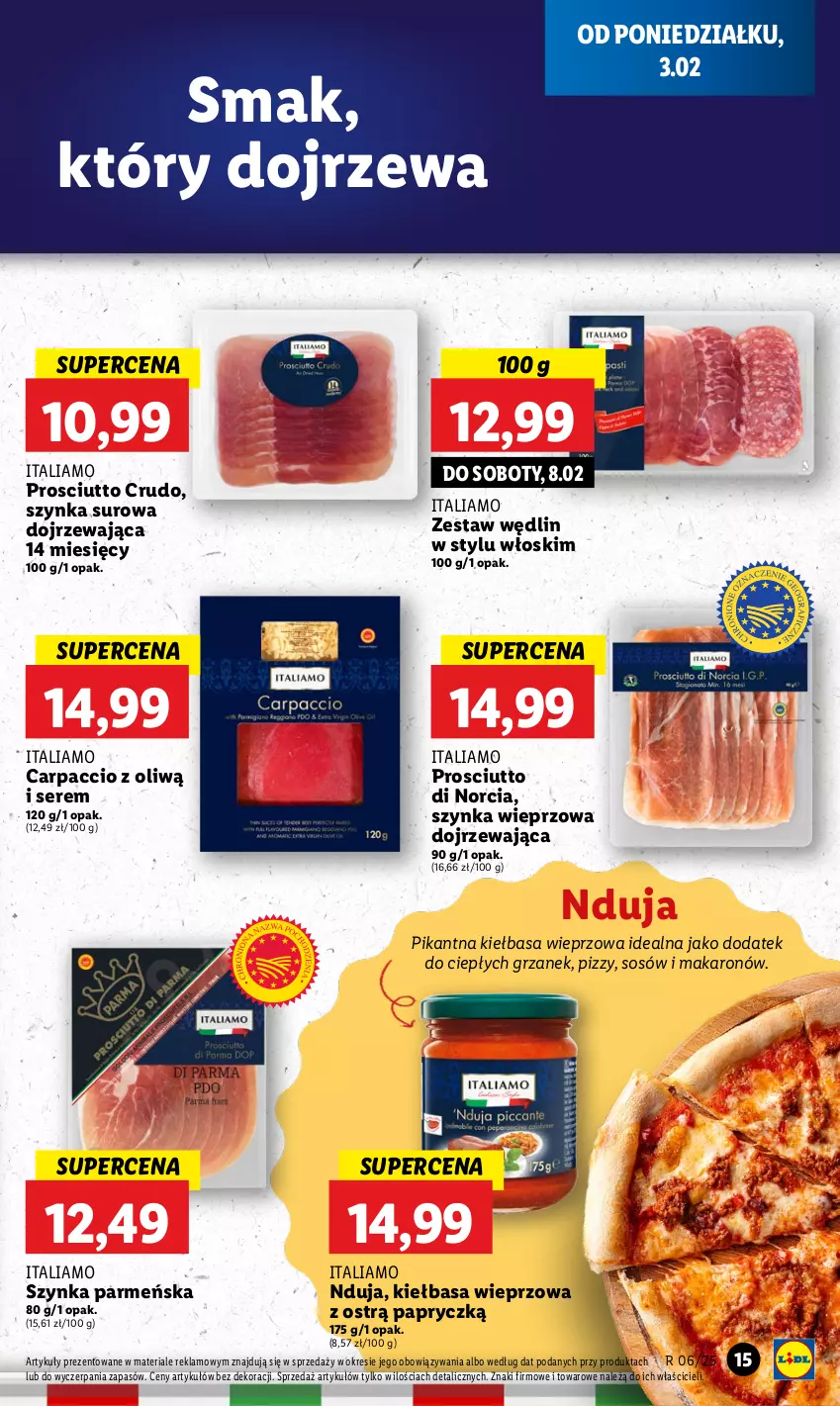 Gazetka promocyjna Lidl - GAZETKA - ważna 03.02 do 05.02.2025 - strona 17 - produkty: Carpaccio, Kiełbasa, Makaron, Prosciutto, Ser, Sos, Szynka, Szynka wieprzowa