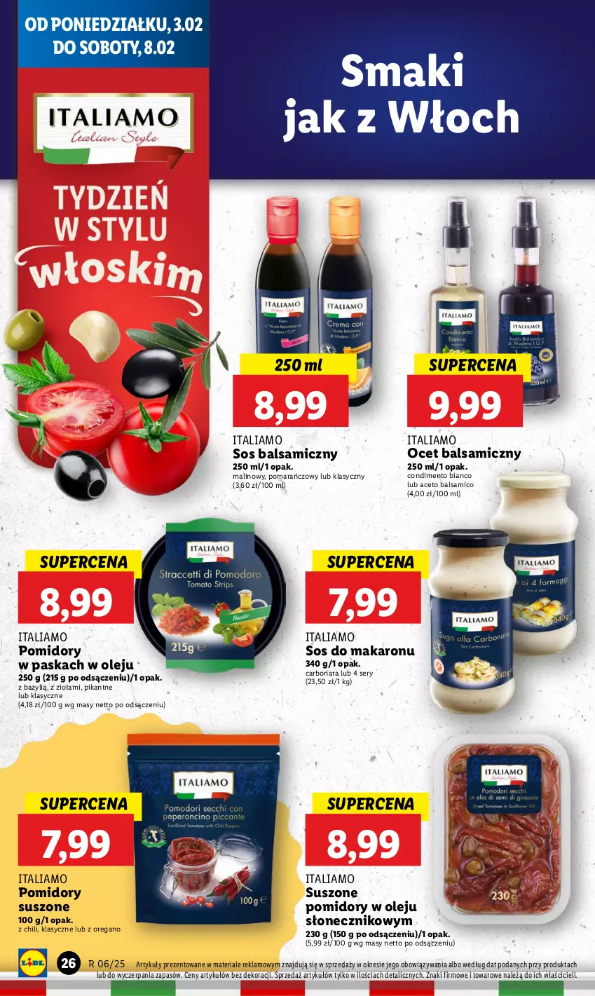 Gazetka promocyjna Lidl - GAZETKA - ważna 03.02 do 05.02.2025 - strona 28 - produkty: Bazyl, Makaron, Ocet, Ocet balsamiczny, Olej, Oregano suszone, Pomidory, Ser, Sos, Sos do makaronu, Suszone pomidory