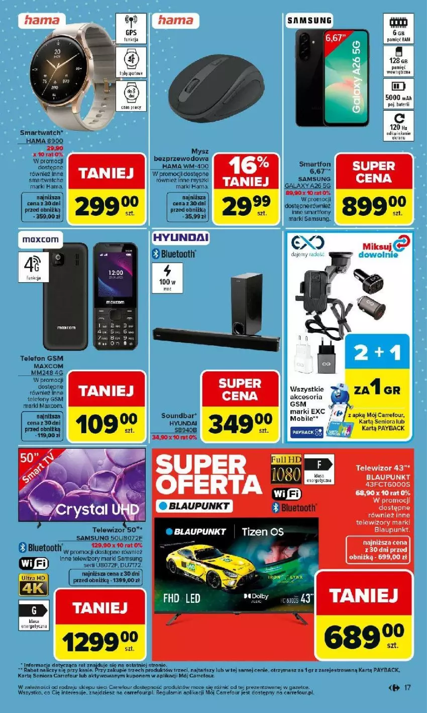 Gazetka promocyjna Carrefour - Gazetka Łap super okazje od poniedziałku! - ważna 30.03 do 11.04.2026 - strona 17 - produkty: Fa, Gala, Hama, Mobil, Mysz, Samsung, Ser, Smartfon, Smartwatch, Soundbar, Telewizor, Telewizory