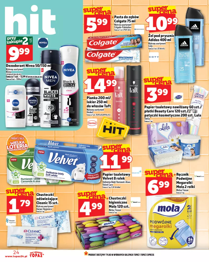 Gazetka promocyjna Topaz - Gazetka - ważna 28.08 do 03.09.2025 - strona 24 - produkty: Adidas, Chusteczki, Cleanic, Colgate, Gin, Lakier, LG, Mola, Nivea, Palmolive, Papier, Papier toaletowy, Pasta do zębów, Patyczki kosmetyczne, Ręcznik, Rolki, Rum, Taft, Top, Velvet