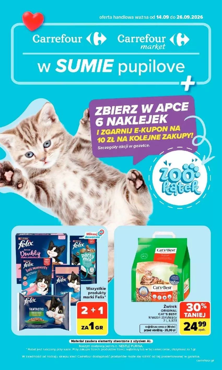 Gazetka promocyjna Carrefour - Gazetka Carrefour, Market w SUMIE pupilove - ważna 14.09 do 26.09.2026 - strona 1 - produkty: Cat's Best, Felix, Gin