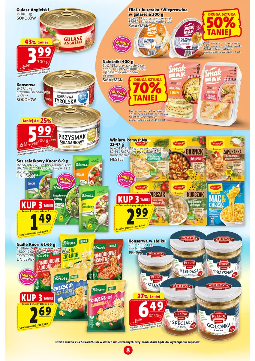 Gazetka promocyjna Prim Market - ważna 21.05 do 27.05.2026 - strona 8 - produkty: Danio, Gala, Knorr, Kurczak, Naleśniki, Por, Sałat, Ser, Sok, Sokołów, Sos, Wieprzowina, Winiary