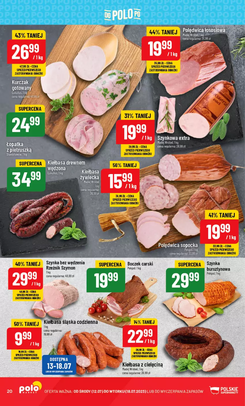 Gazetka promocyjna PoloMarket - Gazetka pomocyjna - ważna 12.07 do 18.07.2023 - strona 20 - produkty: Boczek, Bursztyn, Cars, Kiełbasa, Kurczak, Kurczak gotowany, Madej Wróbel, Pekpol, Polędwica, Szynka